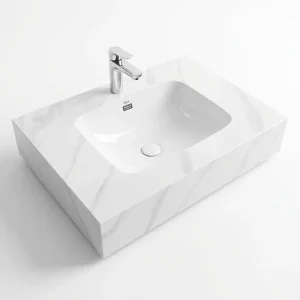 Bàn đá lavabo 1 tầng đá nung kết trắng vân mây GD01