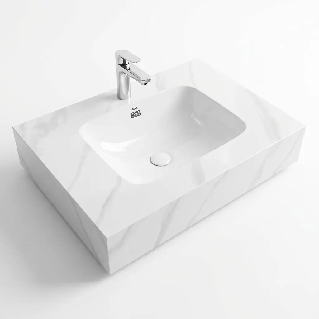 Bàn đá lavabo 1 tầng đá nung kết trắng vân mây GD01