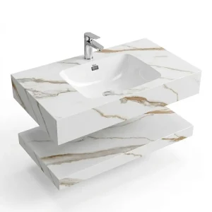 Bàn Đá Lavabo 2 Tầng Nung Kết Trắng Vân Nâu GD02-2