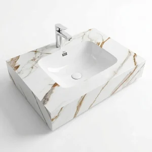 Bàn đá lavabo 1 tầng đá nung kết trắng vân nâu GD02