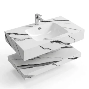 Bàn Đá Lavabo 2 Tầng Nung Kết Trắng Vân Mây Đậm GD03-2