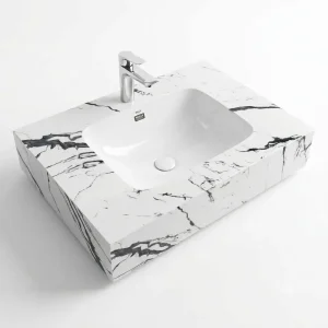Bàn đá lavabo 1 tầng đá nung kết trắng vân mây đậm GD03