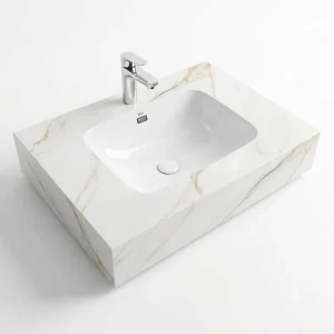 Bàn đá lavabo 1 tầng đá nung kết trắng vân nâu nhạt GD04